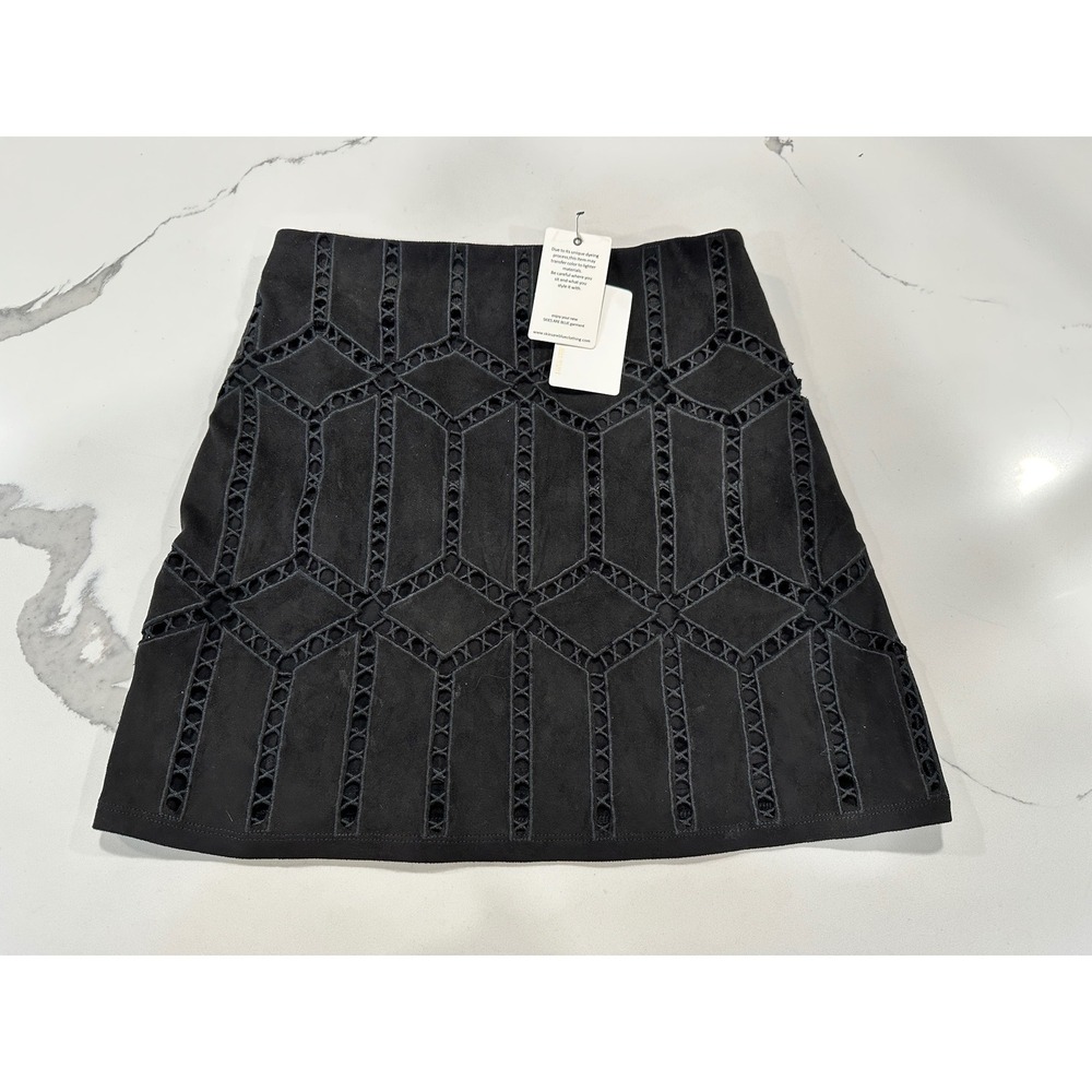 Skies Are Blue Black Geometric Cutout Faux Suede Mini Skirt XS